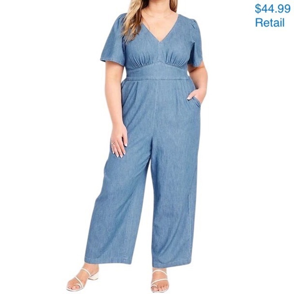 OLD NAVY Puff-Sleeve Jumpsuit Size L Blue Denim Waist Defined V-neck Cottagecore